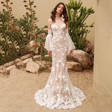 Boho A-Line Wedding Dress Off Shoulder Detachale Sleeves 3D Flowers Bridal Gowns