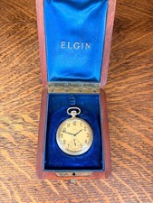 ELGIN OPEN FACE POCKET WATCH 14K GOLD FILLED ANTIQUE WATCH WITH WOOD BOX 1920's