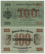 100 talarów, nieważny, banknot Banku Miejskiego zu Breslau, 1874, reprodukcja