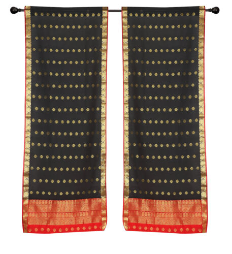 2 Black Bohemian Indian Sari Curtains Rod Pocket Living RoomWindow Treatment
