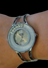 Vintage Cruise Club K Floating Rhinestone Silver Tone Working Open Cuff Watch