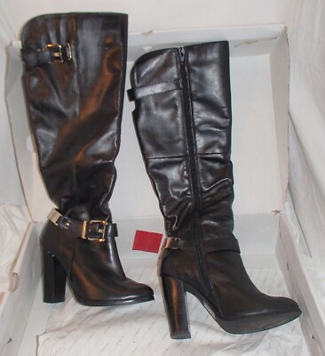 ALDO Black Faux Leather Ankle Harness High Heel Riding Knee Boots Women's Sz 6.5