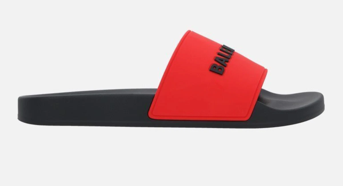 Balenciaga Black Red Bicolor Rubber Logo Slide Pool Sandal Flip Flop Flat 42 9