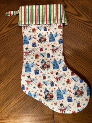 Hand-made Christmas stocking Snowman Blue Multi color stripe cuff Lg18'' NEW