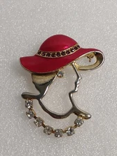 Lady Face Pin Brooch Red Hat Society with Rhinestones Gorgeous Stylish Sparkle