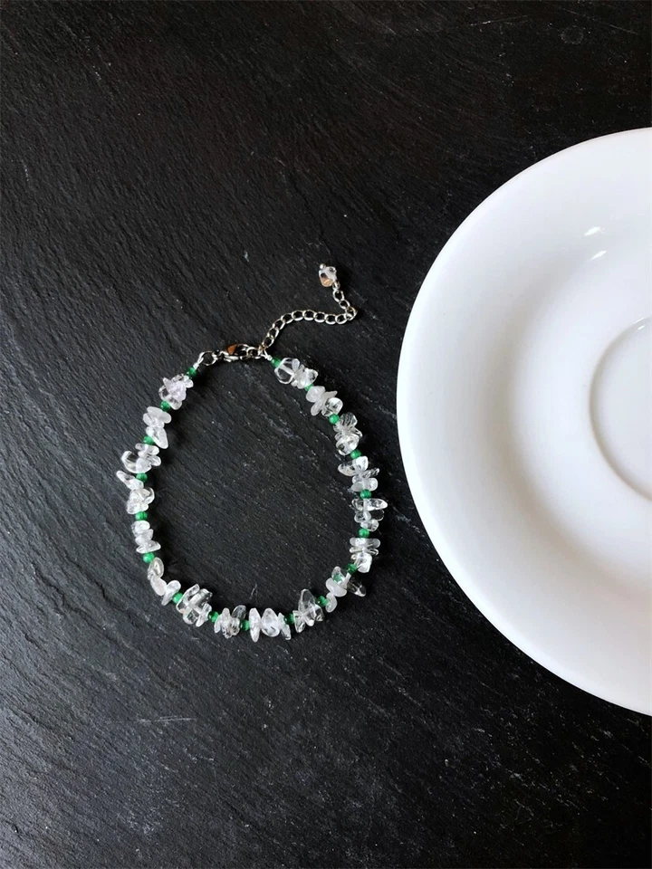 Bracelet éclats de pierres naturelles de cristal blanc, avec oeil de chat vert - Photo 4/4