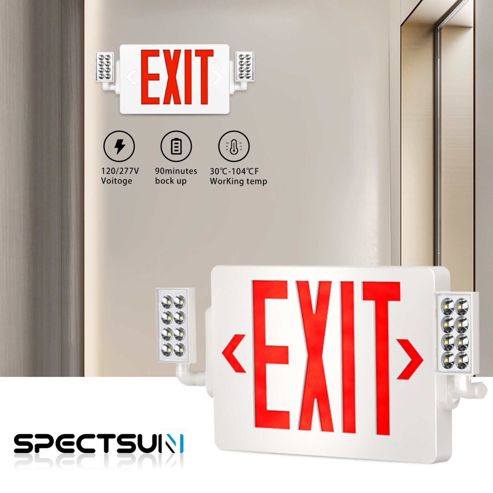 UL Listed-4 Packs  Led Red Exit Sign Combo  with Lights Battery Backup Set.