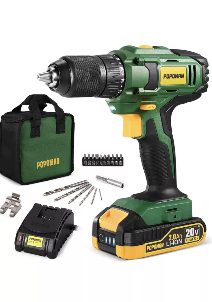 POPOMAN Cordless Drill 20V MAX 1/2 inch Compact Drill Driver Kit 2.0Ah  Lithiu