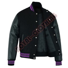 Varsity Letterman baseball All Black Wool Bomber style Purple Trimming Jacket