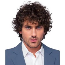 Men's wig fluffy dark brown wig bangs short hair curly hair