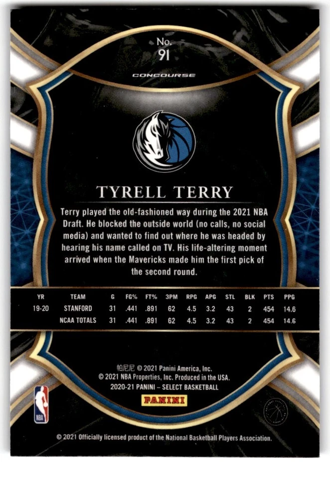 2020-21 Panini Select Blue Retail Tyrell Terry Rookie #91 Dallas Mavericks - Image 2 of 2