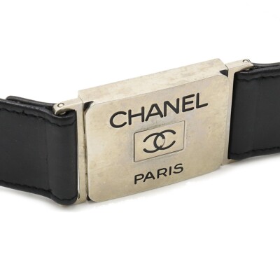 CHANEL CC Logo Chain Belt Vintage Auth Coco Silver Plate Black