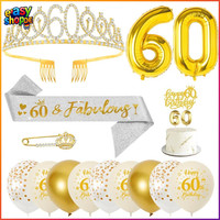 Geburtstagsdeko 60. Geburtstag Frauen SchäRpe Krone Tiara Luftballons Kerzen