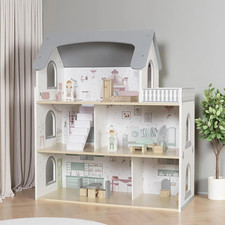 Wooden Dream Playhouse for Girls with Balcony,Doll House for Kids with Furniture