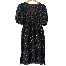Emily Lovelock XS Silk Blend Star Print Puff Sleeve Midi Dress Black Multi Retro