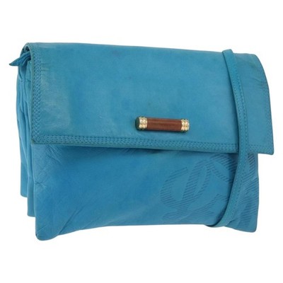 LOEWE Anagram Shoulder Bag Leather Turquoise Blue Gold Auth 177303