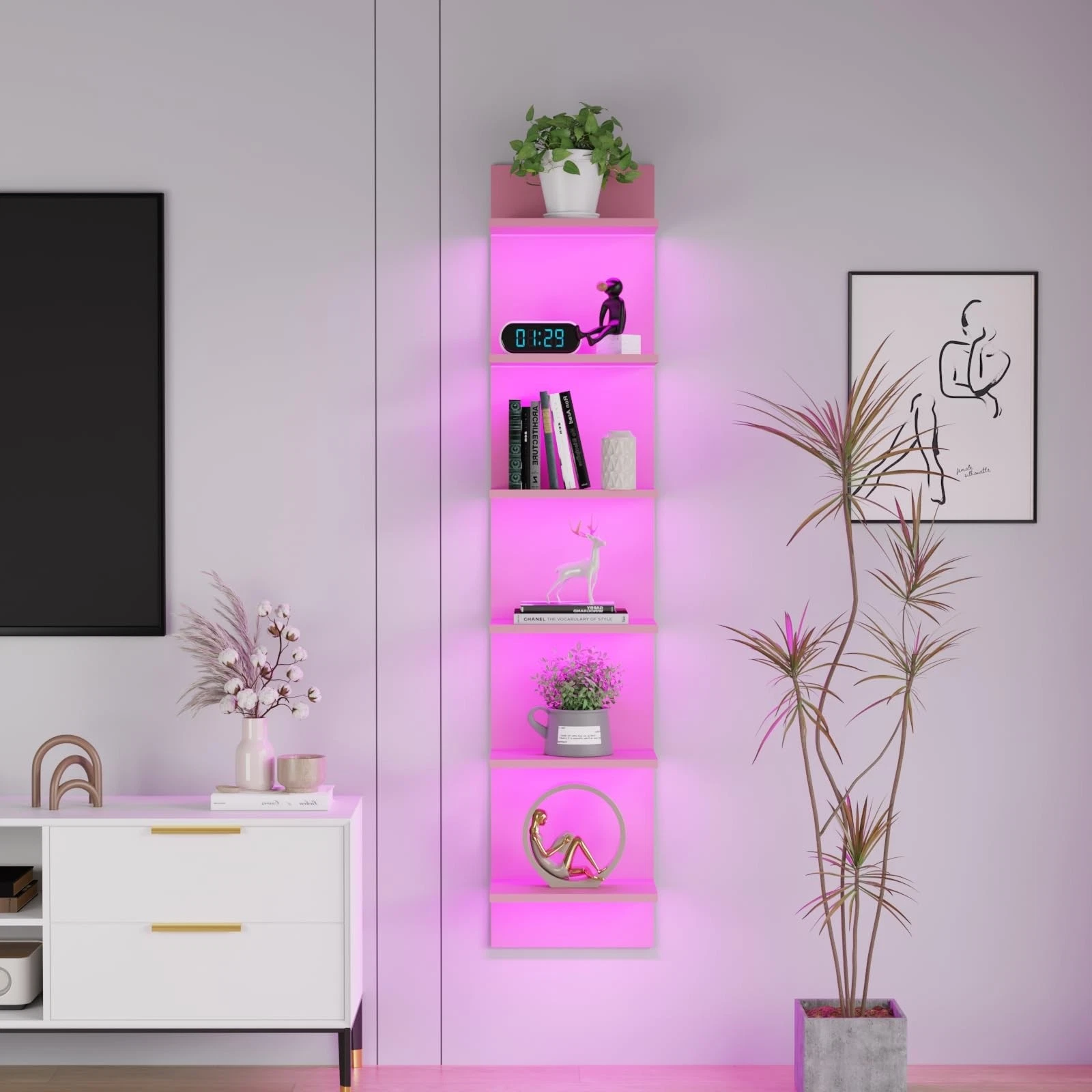 Qupui 6-Tier Wall Shelf Rgb Led Lights 57 Tall Floating Storage Organizer For