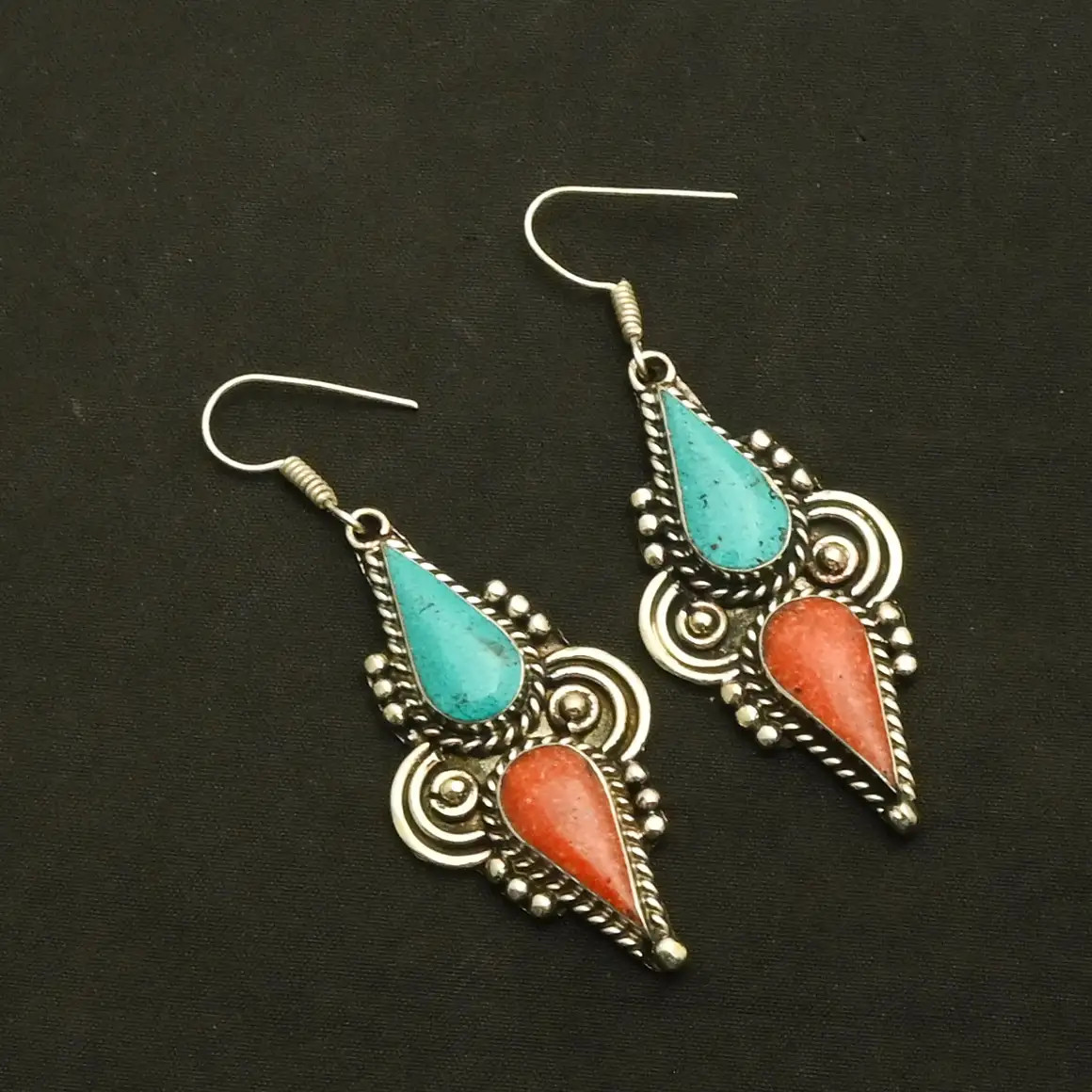 Turquoise Coral Gemstone Drop Dangle Tibetan Earrings Jewelry 2.76