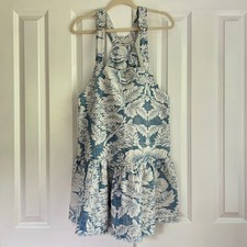 Urban Outfitters Blue White Floral Tapestry Pinafore Overall Mini Dress Size L