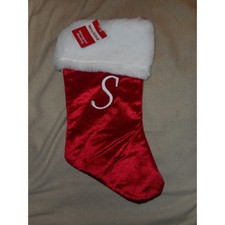 Upper Case White S Monogram on a 18.5" Red Velour Christmas Stocking Merry Brite