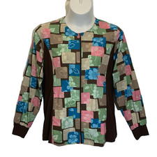 Cherokee Scrub Jacket Womens Large Multicolor Floral Long Sleeve Pockets Zip up