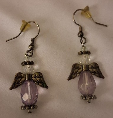Purple Faceted Crystal Bead Angel Dangle/Drop Hook Earrings Silver Tone