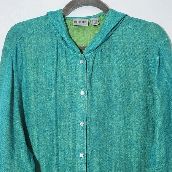 Chico's Linen Blend Button-up Hoodie Size XL Blue Linen Hoodie - Image 3 of 4