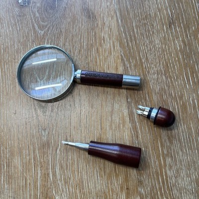 Menards Magnifying Glass 9  Wooden Handle Metal Frame w/ Screwdriver & 5 Bits