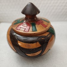 Hand Carved from Haiti Tropical Wooden Trinket Bowl With Lid intricate designs