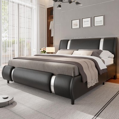 Modern Queen Size Bed Frame with Mirror Metal Decoration, Faux Leather Uphols...