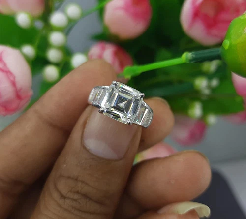 5.10Ctw Asscher Cut & Baguettes Moissanite Engagement Ring 14K White Gold Plated