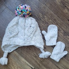 Carters White Speckled Knit Hat/Mittens Set 12-24 Month Tassel Pom Pom Baby Girl