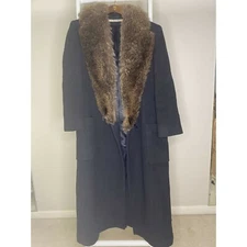 VINTAGE Perry Ellis Coat Womens 8 Gray Wool Charcoal Removable Fur Trim