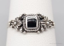 Vintage Black Onyx  Flowers Sterling Silver Ring - Size 7