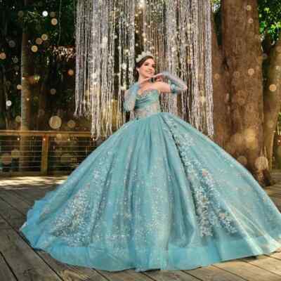 Aqua Blue Shiny Ball Gown Quinceanera Dresses Off Shoulder Sequined  Applique | eBay