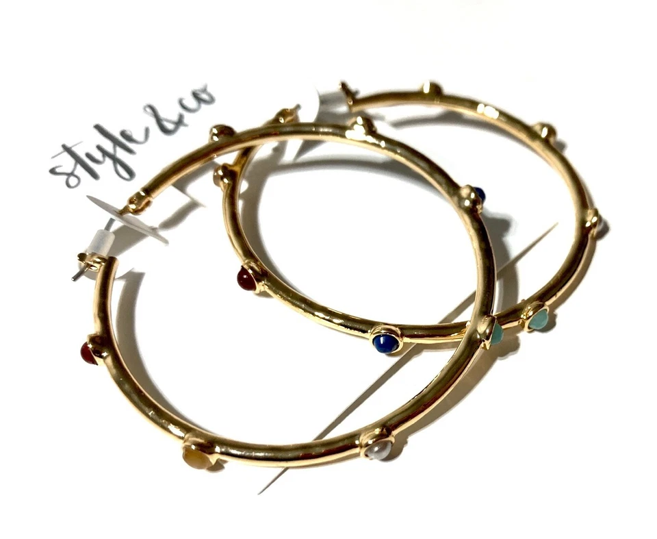 NUEVO ESTILO & CO PLATA MEDIO ROJO AZUL ESTACIÓN PIEDRA PENDIENTES ARO 2" NUEVO CON ETIQUETAS Foto 4 de 4