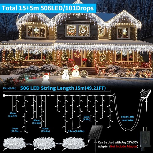 Solar Icicle Lights 50+16Ft 506 LED Outdoor Decorations with 101 Drops 8 Mode... - Picture 5 of 8