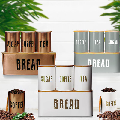 Brotkasten | 4tlg Brotkasten Küchenset versiegelt Tee Kaffee Zuckerdosen - 4 Farben
