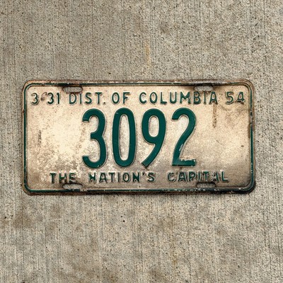 1954 Washington DC License Plate Auto Tag 1 Vintage Low Number Four Digit 3092