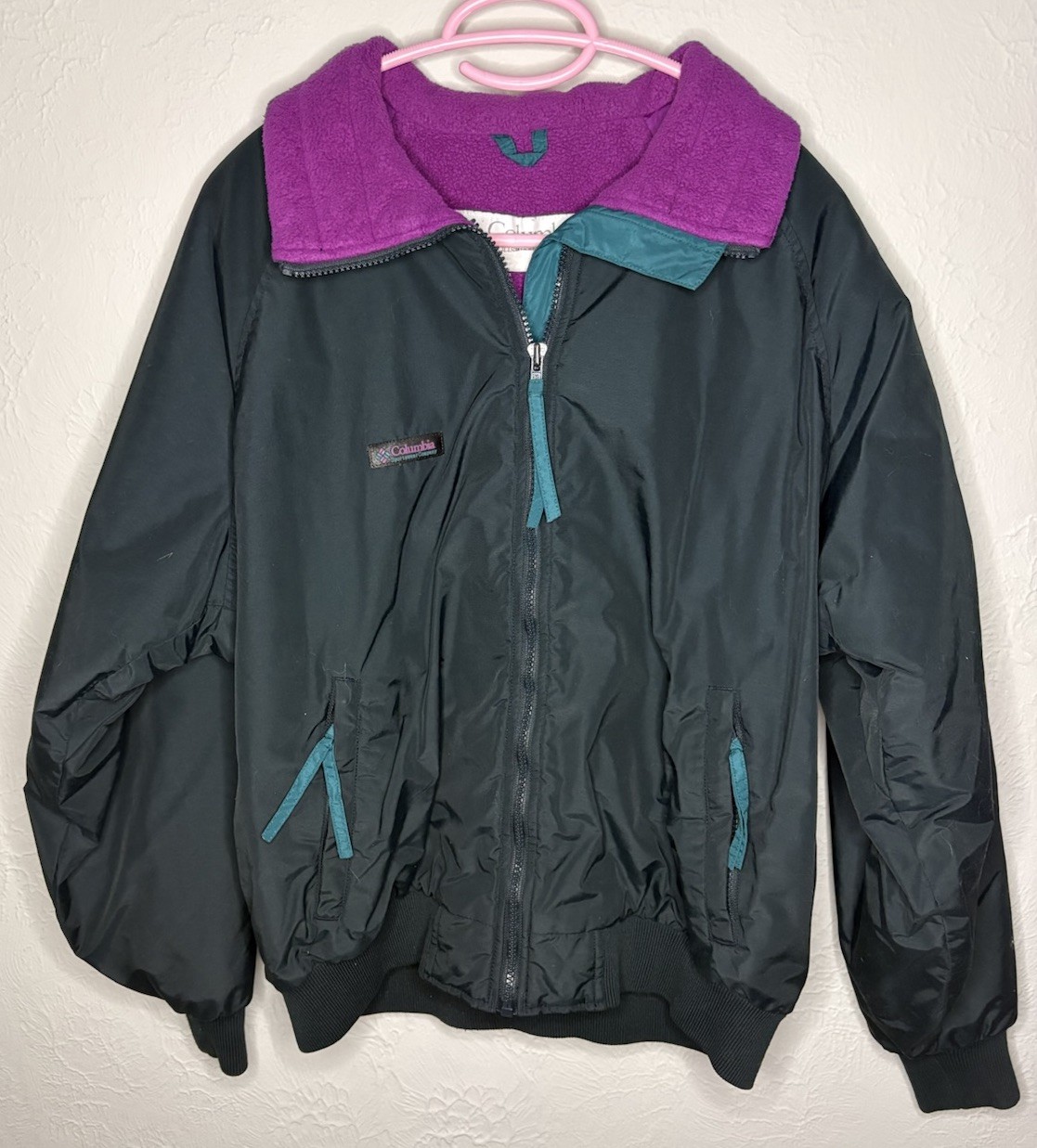 Columbia Vintage Jacket Black Purple with Fleece Collar Women's Regular Medium