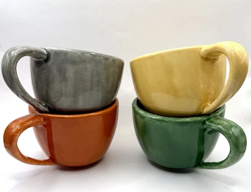 Set of 4 Pottery Barn Sausalito Coffee Tea Mugs Cups Gray Orange Yellow Green