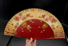 Vintage Hand Painted Floral Linen Wood Spanish Abanico Folding Hand Fan 17x9"
