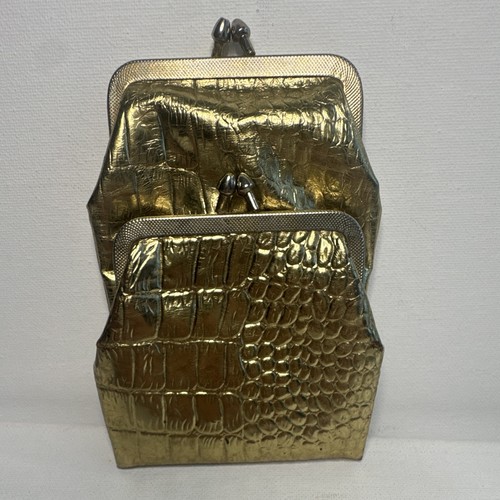 Metallic Croc Embossed Faux Leather Kiss Lock Coin Purse Wallet, Gold Tone