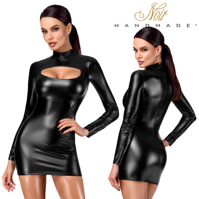 Noir Handmade F366 Women Black Powerwetlook Vixen Cut-Out Bodycon Mini Dress