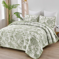 Botanical Quilt Set King Sage Green 3 Pcs Toile Floral Plants or Queen Twin Full