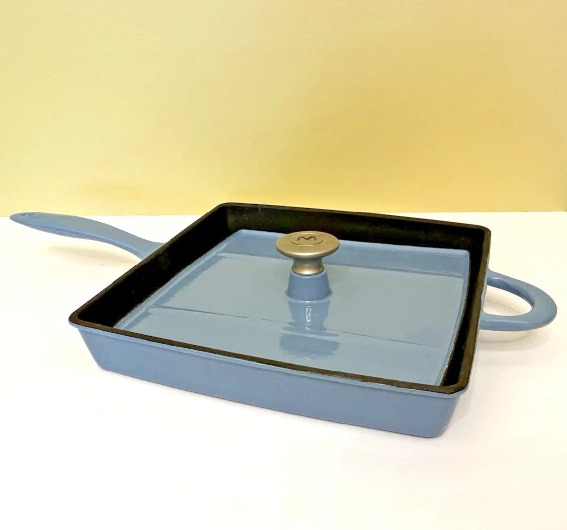 Mario Batali Panini Press Dansk Light Blue Enamel Cast Iron Grill Pan Lid NEW OB