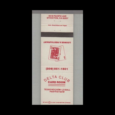 #ad Matchbook Cover Playing Card Suit Delta Club Card Room Stockton CA $4.95