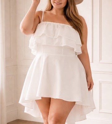 Devlin Kalena White Ruffle High Low Hem Tie Strap Wedding Cottagecore Mini Dress