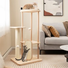 3-Level Cat Tree 112cm Extra Tall Solid Wood Construction Scratch Board Hanging