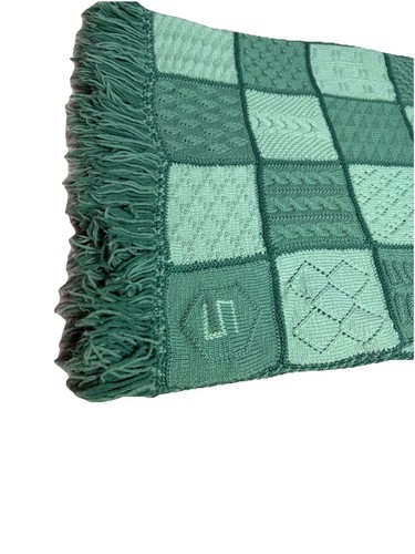 Vintage Green Checkerboard Blanket Quilt S Monogram Fringe Knit Plaid Throw - Picture 1 of 8
